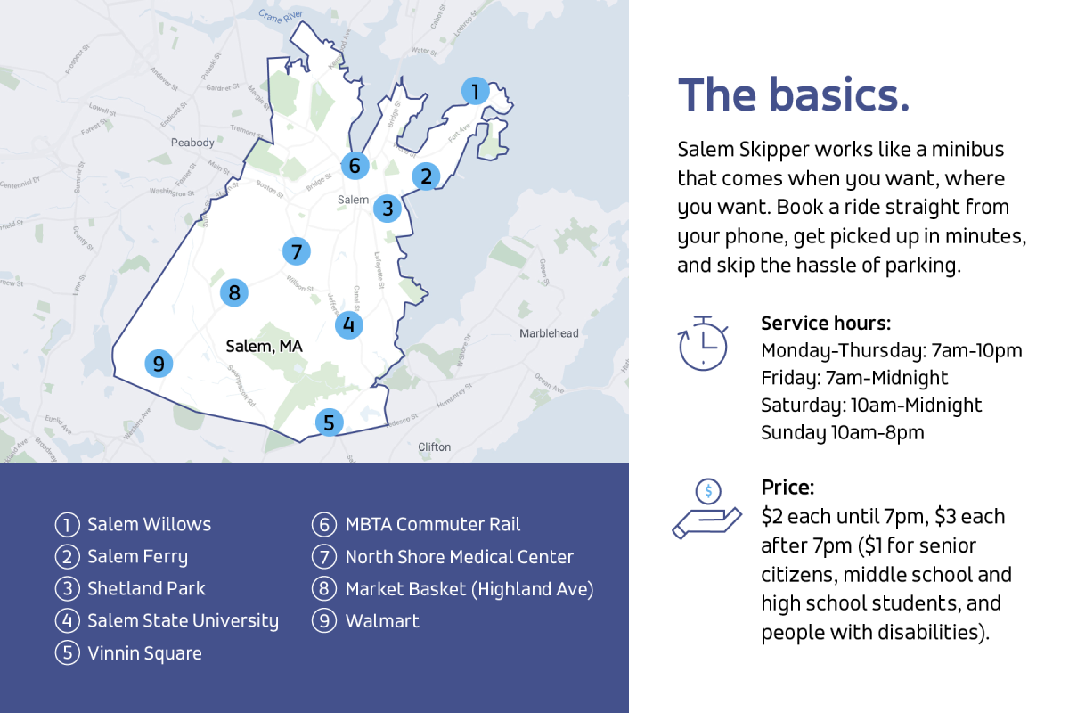 A map of the Salem Skipper service zone, covering all of the City of Salem with points of interest, operating hours, and prices.