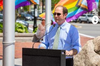 Mayor Pangallo speaks at the 2023 Pride Flag Raising event