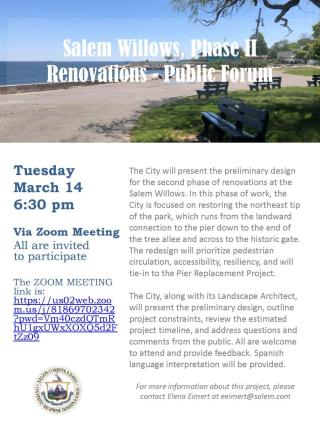 Image of flyer for Salem Willows, Phase II Renovations Public Forum. Includes an image of the park and zoom meeting link.
