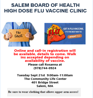High Dose Flu Vaccine Clinic at the CLC at 104 Bridge Street on Tuesday, 9/21/21 from 9:00am - 11:00am