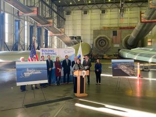 Mayor Driscoll speaks at today's offshore wind announcement at the Wind Technology Center in Charlestown, MA