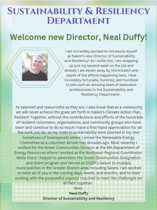 First page of sustainability and resiliency department newsletter featuring the new director, Neal Duffy and a message from him