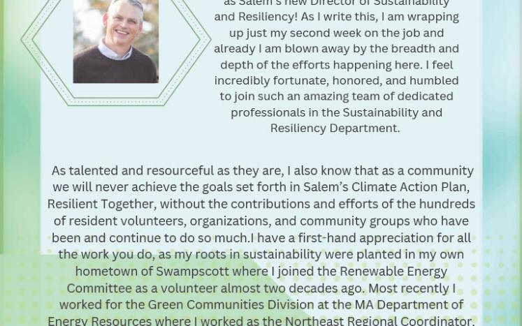 First page of sustainability and resiliency department newsletter featuring the new director, Neal Duffy and a message from him